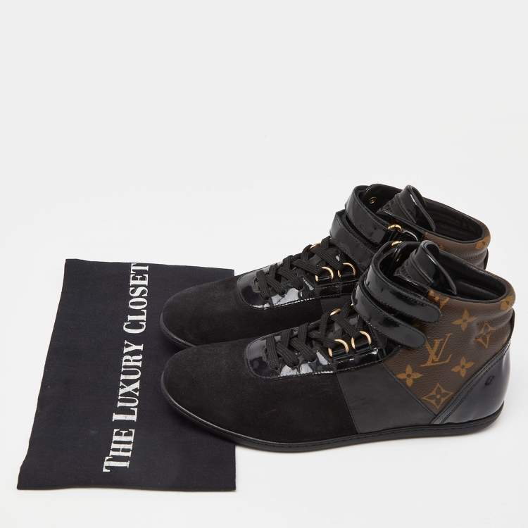 Pre Owned Louis Vuitton Black/Brown Suede, Patent Leather and Monogram Canvas Move Up Sneakers Size 38