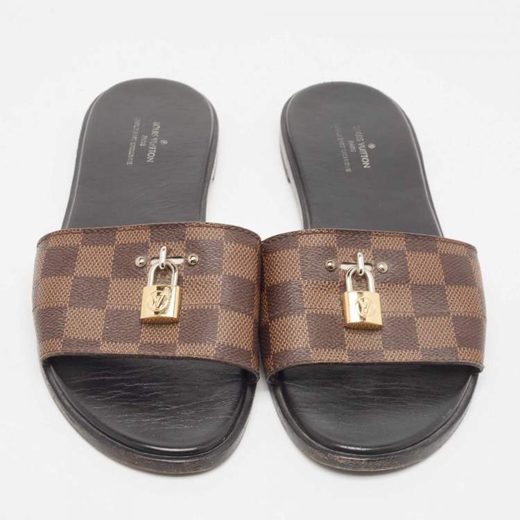 Pre Owned Louis Vuitton Brown Monogram Canvas Lock It  Flat Slides Size 41