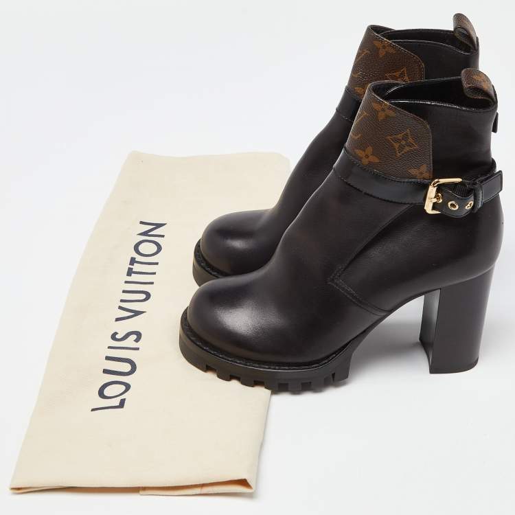 Pre Owned Louis Vuitton Black/Brown Monogram Canvas and Leather Ankle Length Boots Size 39