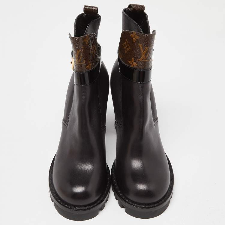 Pre Owned Louis Vuitton Black/Brown Monogram Canvas and Leather Ankle Length Boots Size 39