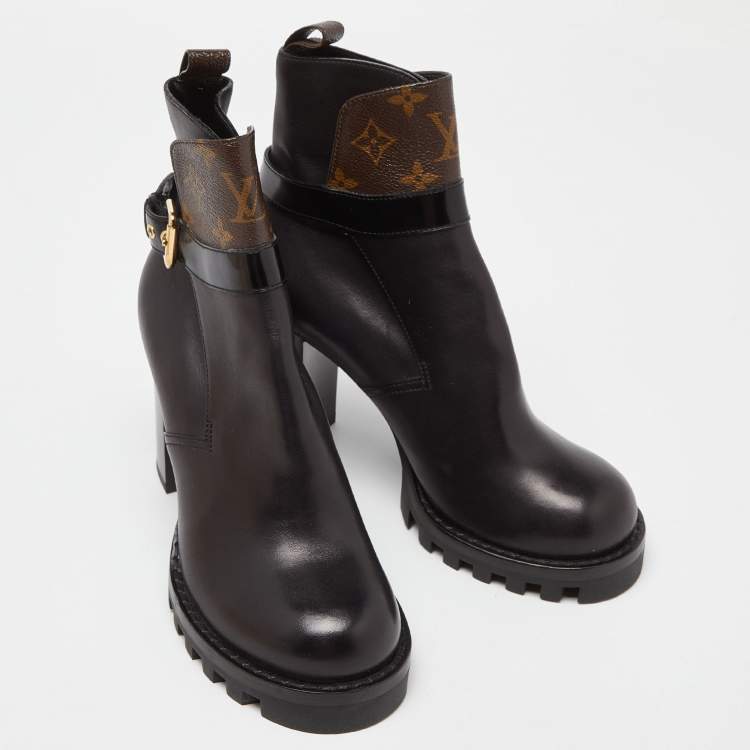 Pre Owned Louis Vuitton Black/Brown Monogram Canvas and Leather Ankle Length Boots Size 39
