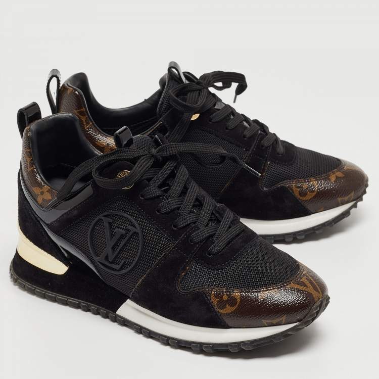 Pre Owned Louis Vuitton Black/Brown Mesh and Monogram Canvas Run Away Sneakers Size 36