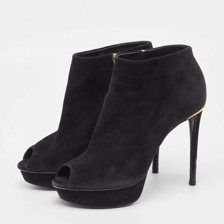 Pre Owned Louis Vuitton Black Suede Peep Toe Ankle Boots Size 37 