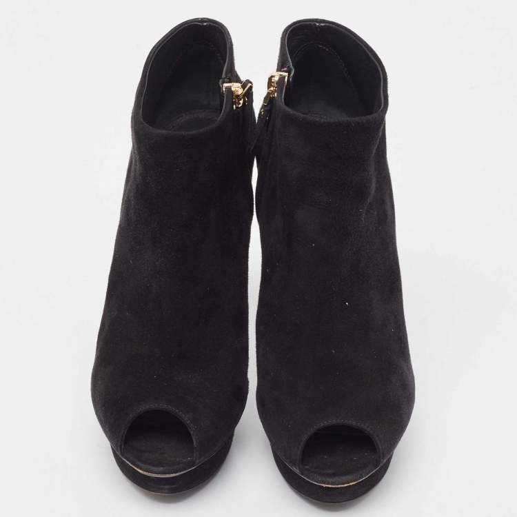 Pre Owned Louis Vuitton Black Suede Peep Toe Ankle Boots Size 37 