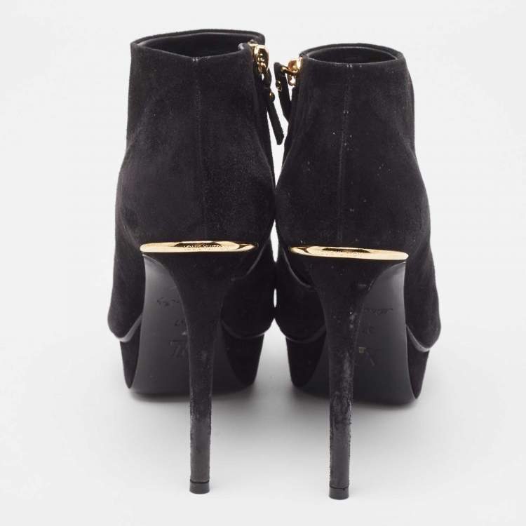 Pre Owned Louis Vuitton Black Suede Peep Toe Ankle Boots Size 37 