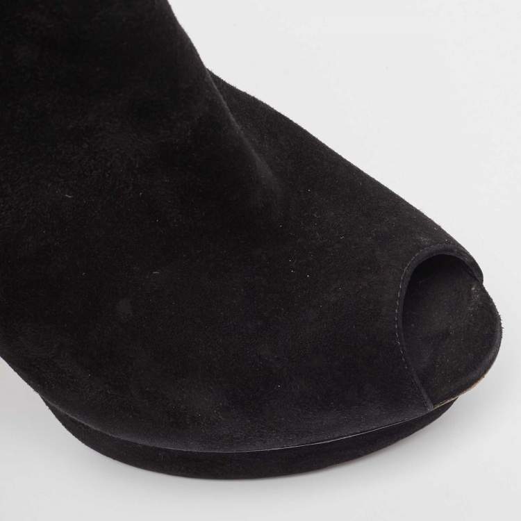 Pre Owned Louis Vuitton Black Suede Peep Toe Ankle Boots Size 37 