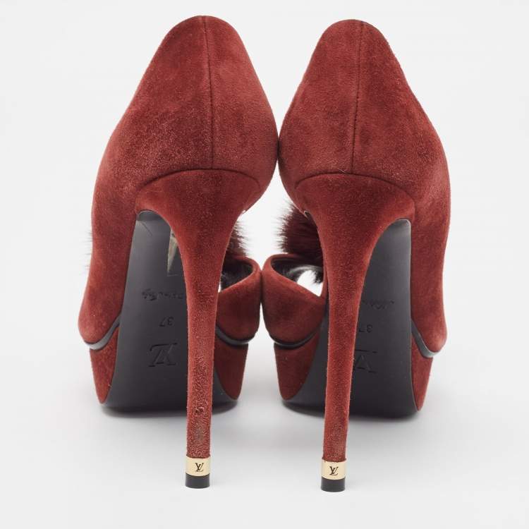 Pre Owned Louis Vuitton Burgundy Suede  and Fur Peep Toe Pumps Size 37