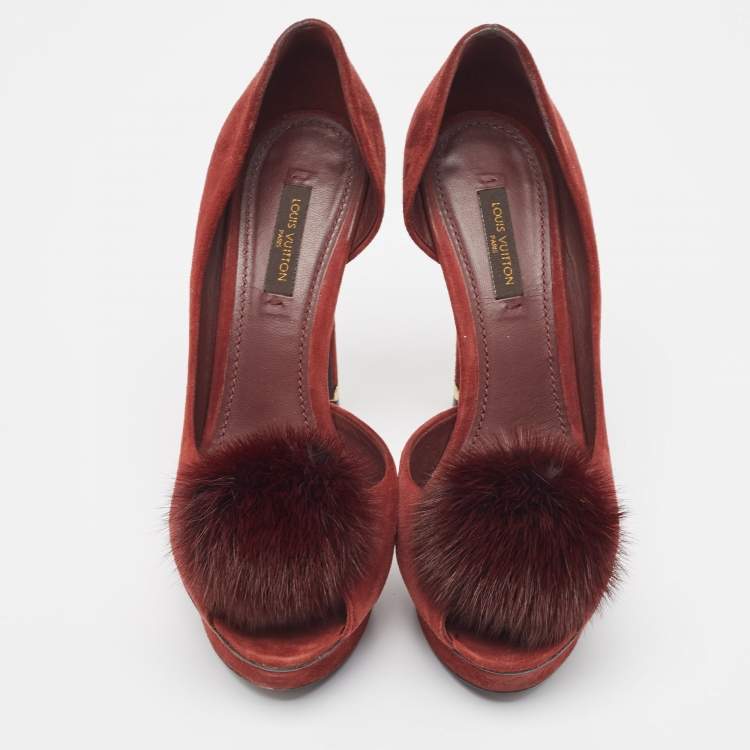 Pre Owned Louis Vuitton Burgundy Suede  and Fur Peep Toe Pumps Size 37