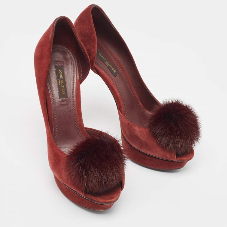 Pre Owned Louis Vuitton Burgundy Suede  and Fur Peep Toe Pumps Size 37