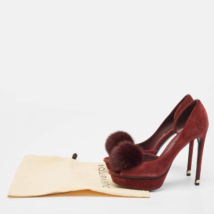 Pre Owned Louis Vuitton Burgundy Suede  and Fur Peep Toe Pumps Size 37