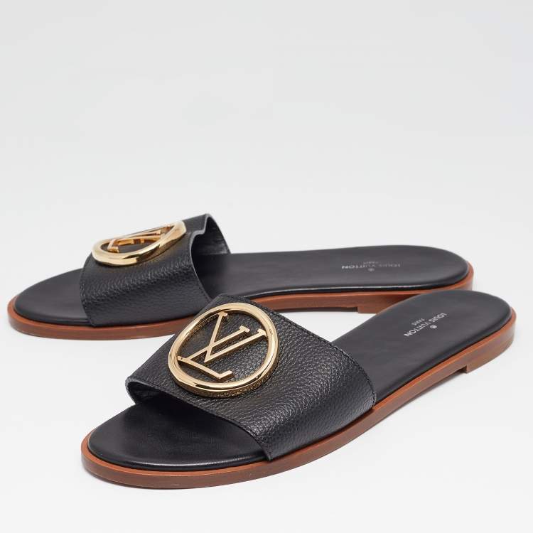 Pre Owned Louis Vuitton Black Leather Lock It Flat Slides Size 39
