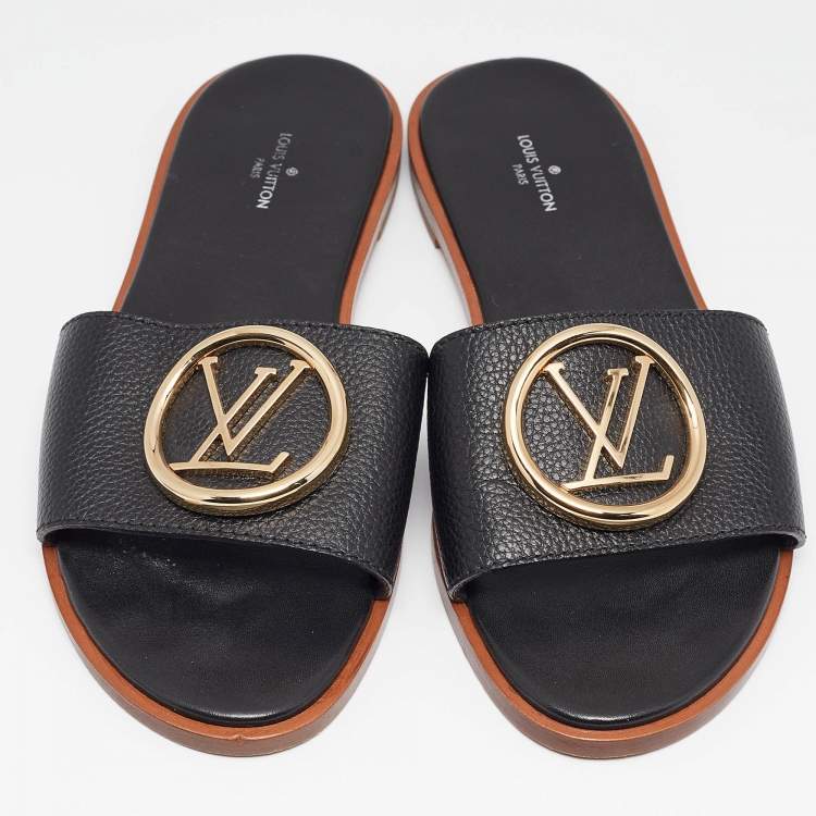 Pre Owned Louis Vuitton Black Leather Lock It Flat Slides Size 39
