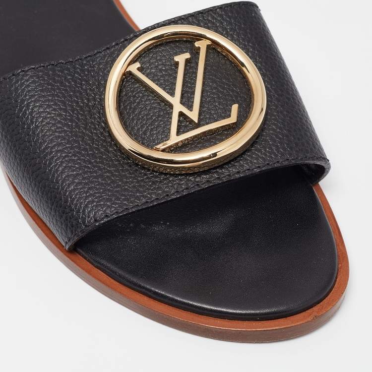 Pre Owned Louis Vuitton Black Leather Lock It Flat Slides Size 39