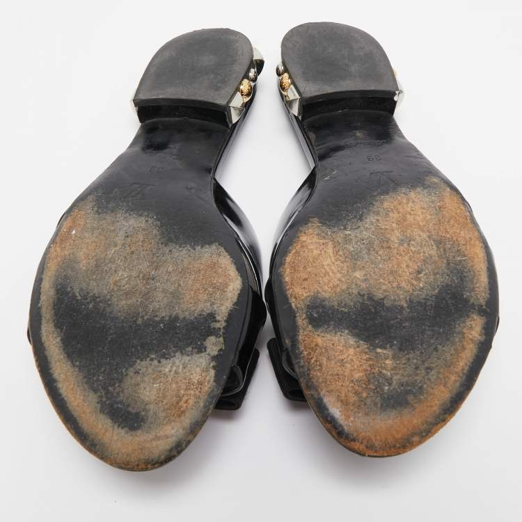Pre Owned Louis Vuitton Black Patent Leather Bow Studded Flat Slides Size 39
