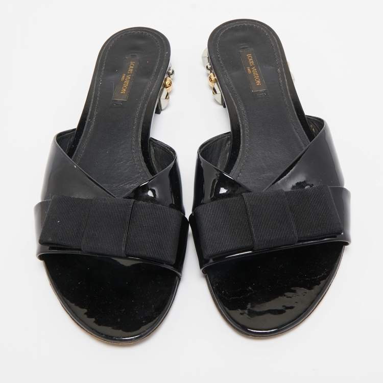 Pre Owned Louis Vuitton Black Patent Leather Bow Studded Flat Slides Size 39