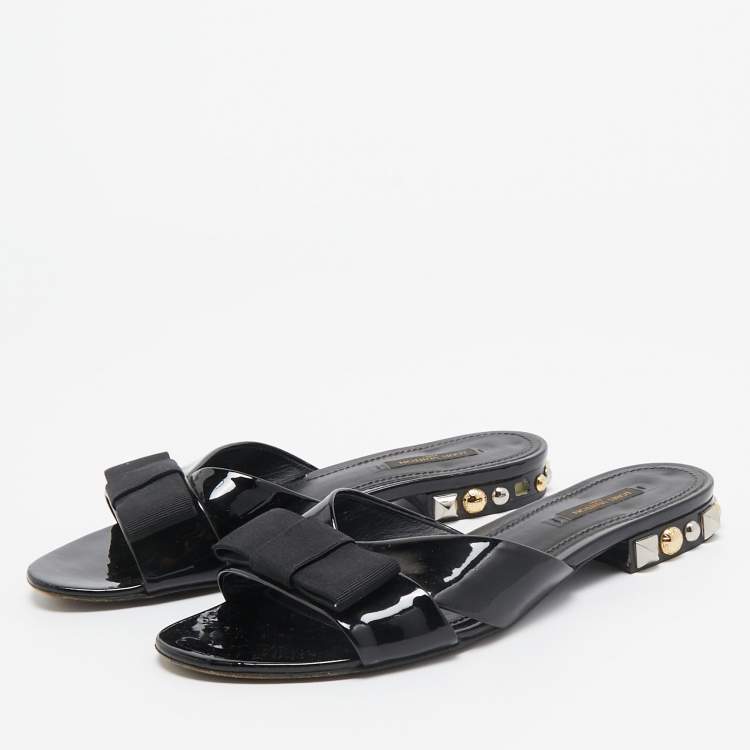 Pre Owned Louis Vuitton Black Patent Leather Bow Studded Flat Slides Size 39