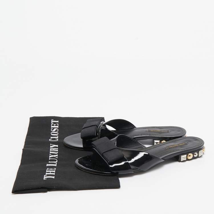 Pre Owned Louis Vuitton Black Patent Leather Bow Studded Flat Slides Size 39