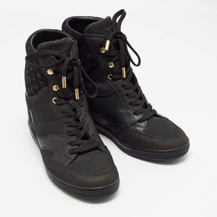 Pre Owned Louis Vuitton Black Nubuck and Suede Millenium Wedge Sneakers Size 37