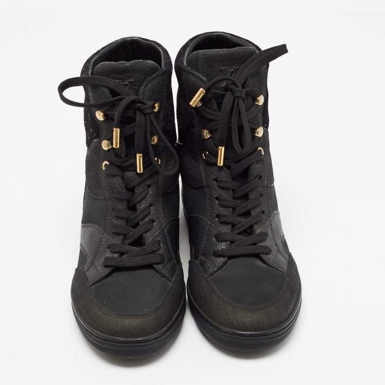 Pre Owned Louis Vuitton Black Nubuck and Suede Millenium Wedge Sneakers Size 37