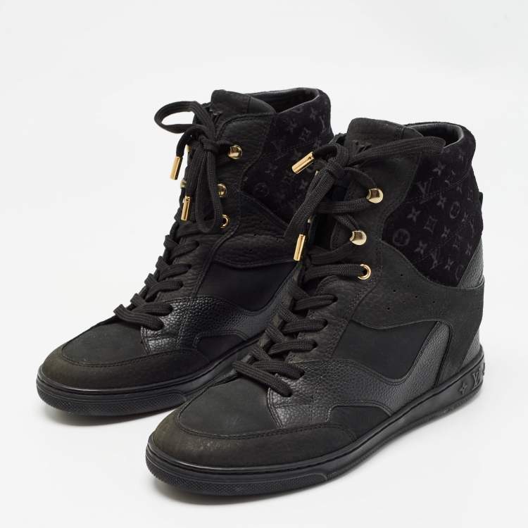Pre Owned Louis Vuitton Black Nubuck and Suede Millenium Wedge Sneakers Size 37