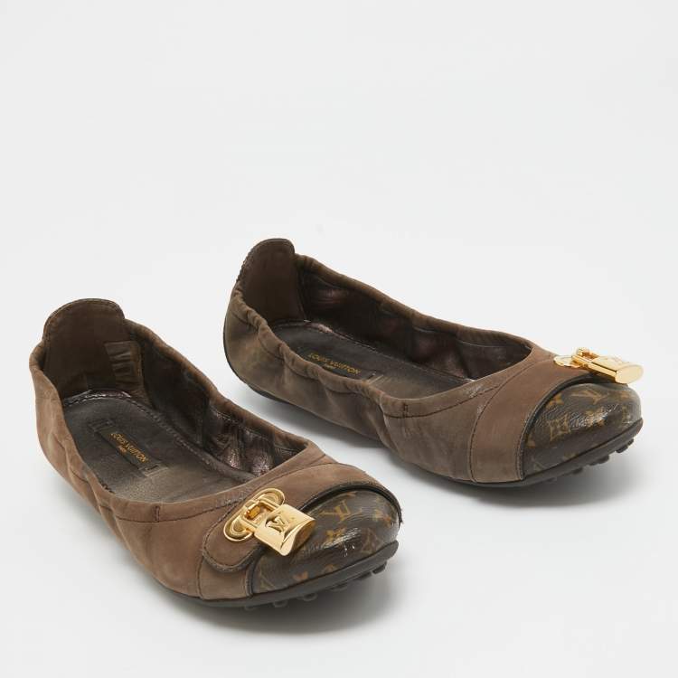 مملوكة مسبقًا Louis Vuitton Brown Glitter Nubuck and Monogram Canvas Lucky Ballet Flats Size 36.5