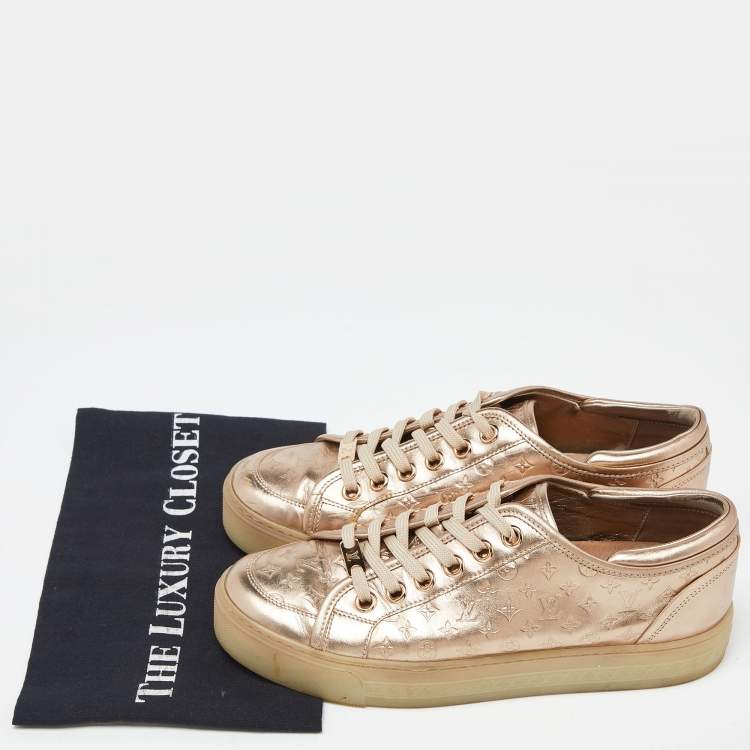 Pre Owned Louis Vuitton Gold Monogram Leather Sneakers Size 39