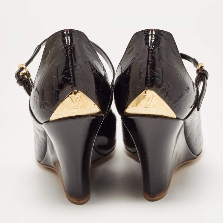 Pre Owned Louis Vuitton Plum Monogram Patent Leather Peep Toe Wedge Pumps Size 36.5