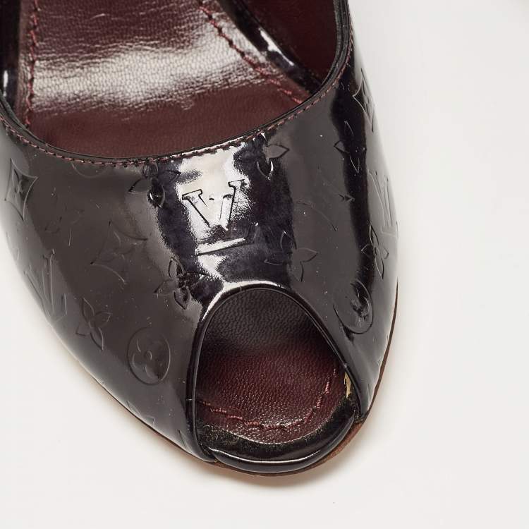 Pre Owned Louis Vuitton Plum Monogram Patent Leather Peep Toe Wedge Pumps Size 36.5