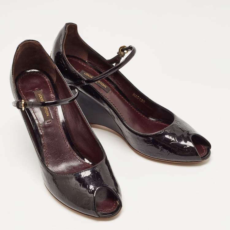 Pre Owned Louis Vuitton Plum Monogram Patent Leather Peep Toe Wedge Pumps Size 36.5