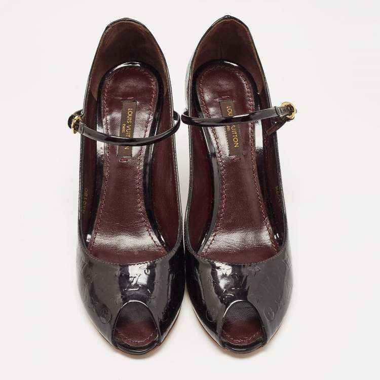 Pre Owned Louis Vuitton Plum Monogram Patent Leather Peep Toe Wedge Pumps Size 36.5