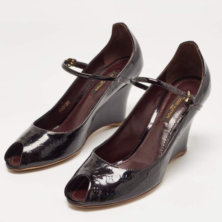 Pre Owned Louis Vuitton Plum Monogram Patent Leather Peep Toe Wedge Pumps Size 36.5