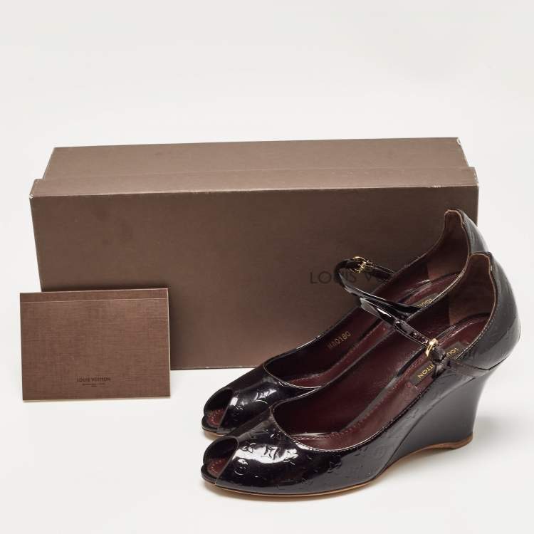 Pre Owned Louis Vuitton Plum Monogram Patent Leather Peep Toe Wedge Pumps Size 36.5