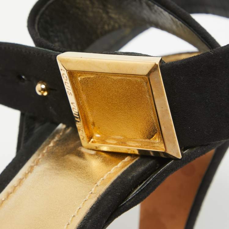 Pre Owned Louis Vuitton Black Suede Platform Ankle Strap Pumps Size 37.5