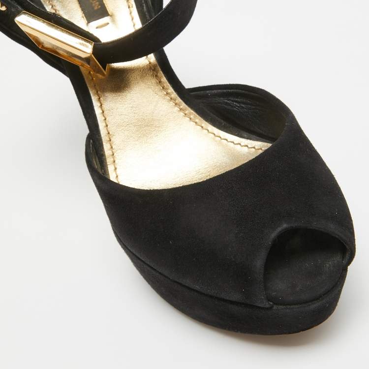 Pre Owned Louis Vuitton Black Suede Platform Ankle Strap Pumps Size 37.5