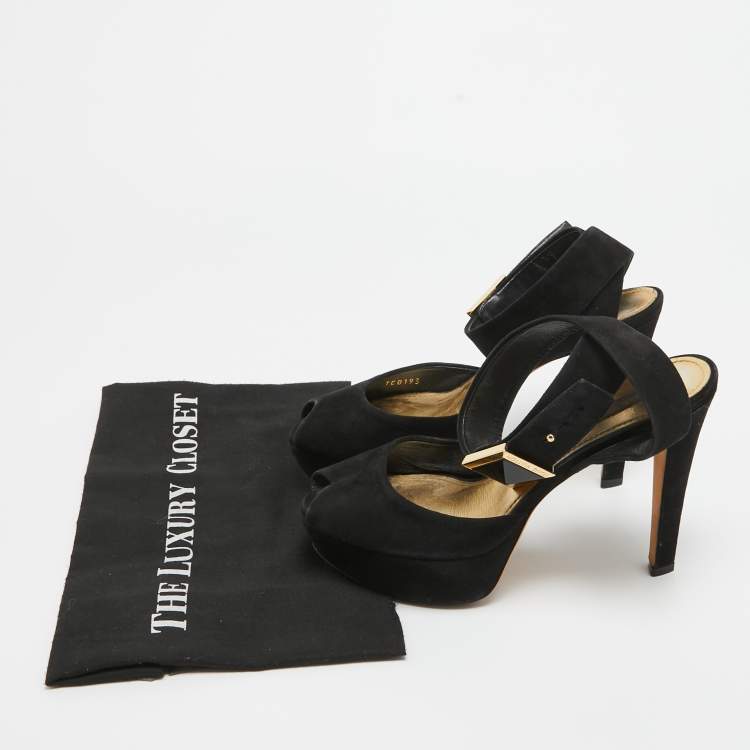 Pre Owned Louis Vuitton Black Suede Platform Ankle Strap Pumps Size 37.5