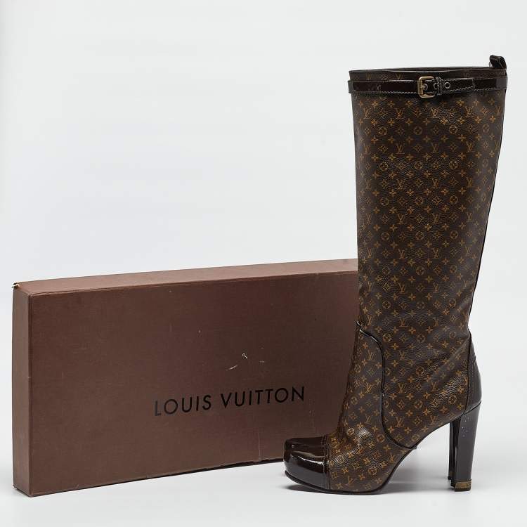 Pre Owned Louis Vuitton Brown Monogram Canvas and Patent Idole Knee Length Boots Size 40