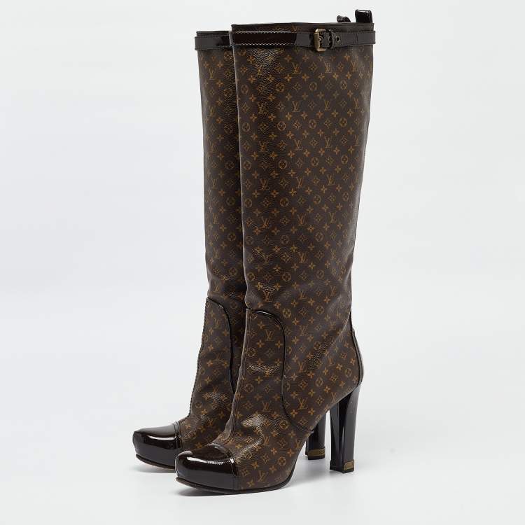 Pre Owned Louis Vuitton Brown Monogram Canvas and Patent Idole Knee Length Boots Size 40