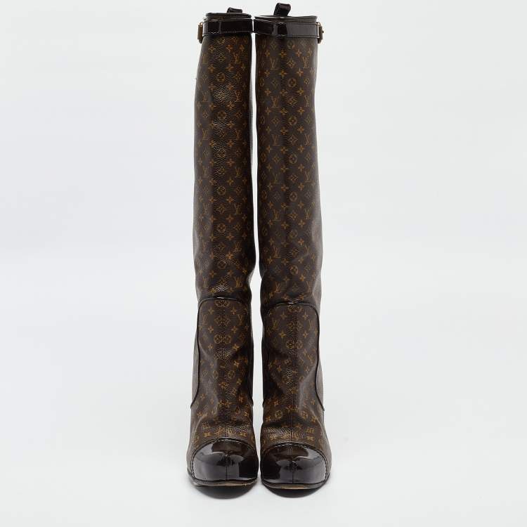 Pre Owned Louis Vuitton Brown Monogram Canvas and Patent Idole Knee Length Boots Size 40