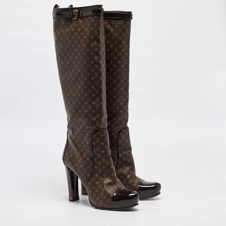 Pre Owned Louis Vuitton Brown Monogram Canvas and Patent Idole Knee Length Boots Size 40