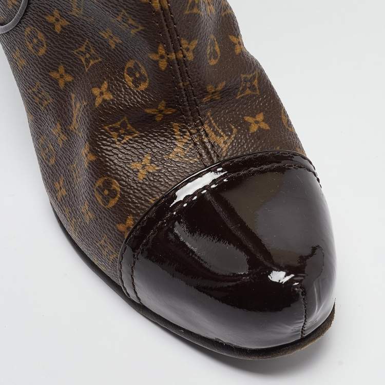 Pre Owned Louis Vuitton Brown Monogram Canvas and Patent Idole Knee Length Boots Size 40