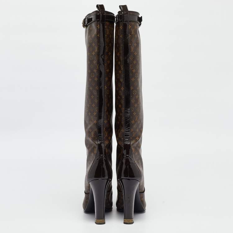 Pre Owned Louis Vuitton Brown Monogram Canvas and Patent Idole Knee Length Boots Size 40
