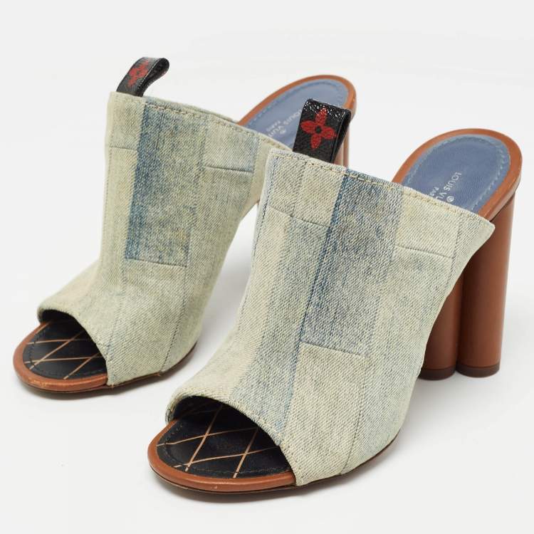 Pre Owned Louis Vuitton Grey Denim Mules Size 38