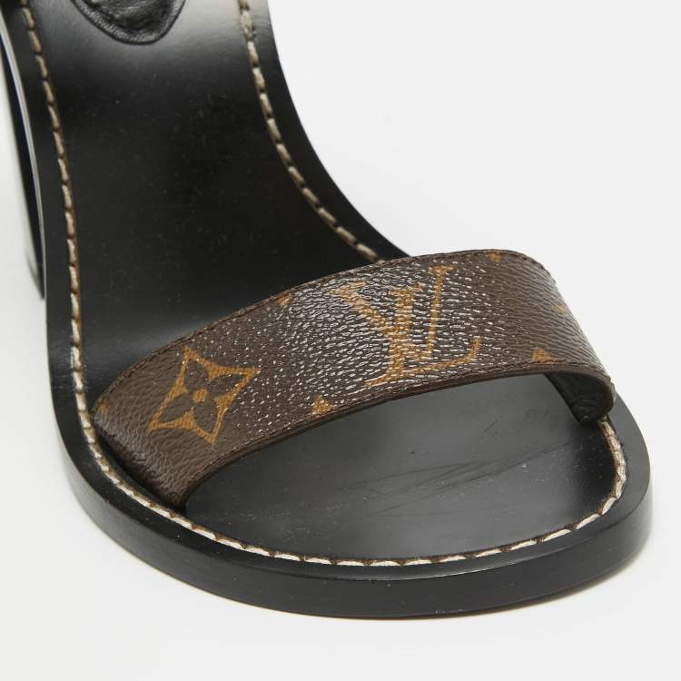 Pre Owned Louis Vuitton Black/Brown Monogram Canvas and Leather Nomad Ankle Strap Sandals Size 38.5