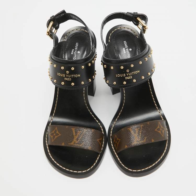 Pre Owned Louis Vuitton Black/Brown Monogram Canvas and Leather Nomad Ankle Strap Sandals Size 38.5