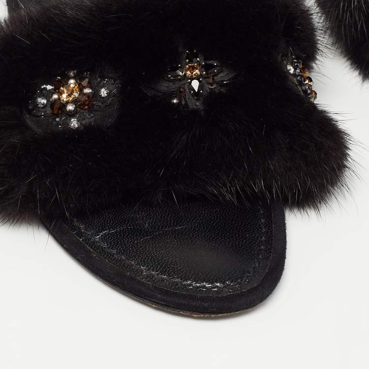 Pre Owned Louis Vuitton Black Fur Crystal Embellished Slide Flats  Size 38.5