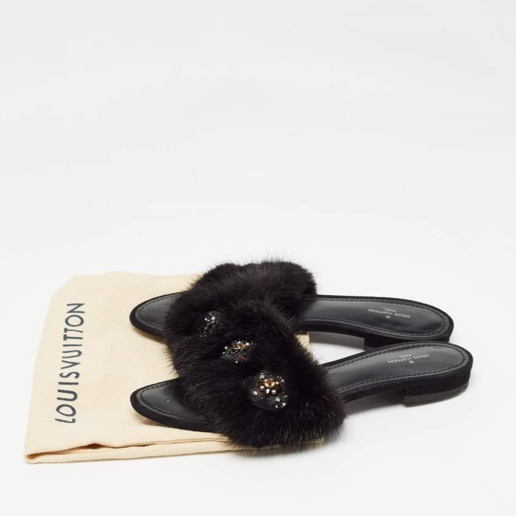 Pre Owned Louis Vuitton Black Fur Crystal Embellished Slide Flats  Size 38.5