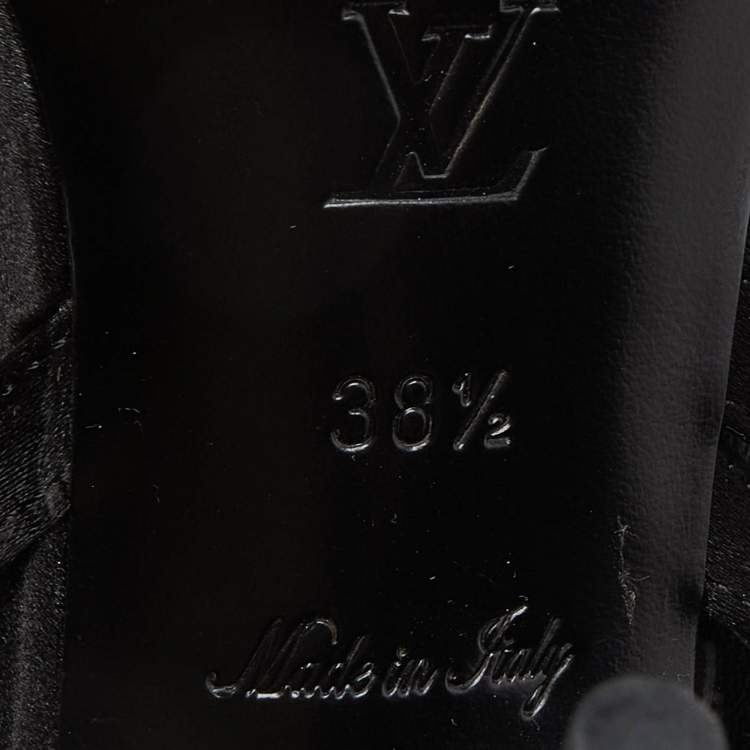 Pre Owned Louis Vuitton Black Satin and Patent Leather Flower Embellished Ankle Strap Sandals Size 38.5