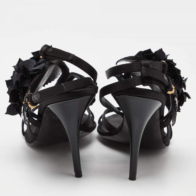 Pre Owned Louis Vuitton Black Satin and Patent Leather Flower Embellished Ankle Strap Sandals Size 38.5