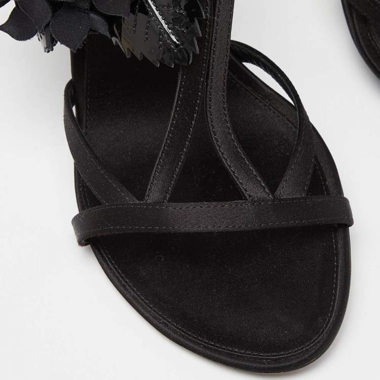 Pre Owned Louis Vuitton Black Satin and Patent Leather Flower Embellished Ankle Strap Sandals Size 38.5