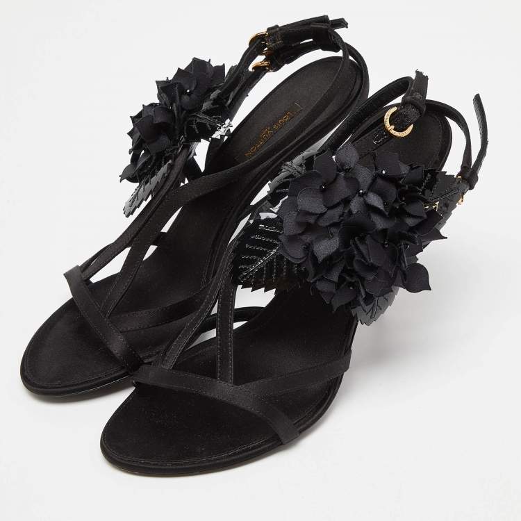 Pre Owned Louis Vuitton Black Satin and Patent Leather Flower Embellished Ankle Strap Sandals Size 38.5